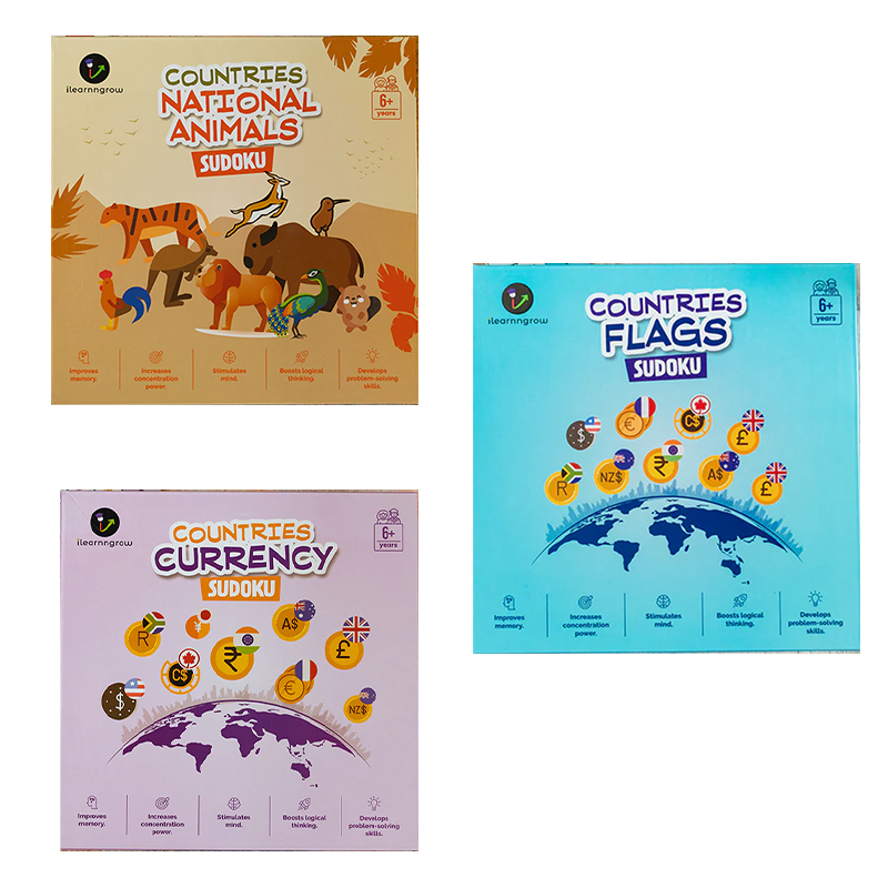 Ilearnngrow Countries Flag, National Animal & Currency Sudoku (Pack Of 3)